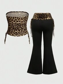ROMWE Spring/Summer 2pcs/Set Plus Size Women Rhinestone Letter & Leopard Print Strapless Tube Drawstring Top And Pants Sexy Outfit, For Summer - Black - View 2