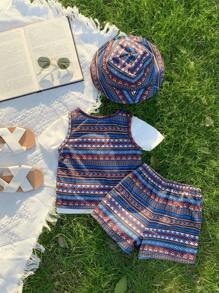 SHEIN 4pcs/Set Baby Boy/Girl Summer Retro Print Knit Soft Round Neck Short Sleeve Top, Elastic Waist Shorts, Solid Color Vest, Hat