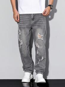 Manfinity Homme Men's Pocket & Ripped Straight Loose Casual Jeans, Emo Style