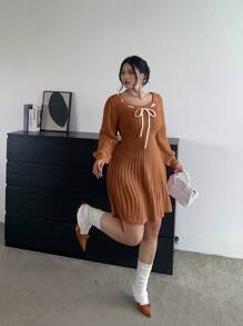 POPSWAY Vestido informal de suéter con cuello de barco y cordón, estilo línea A para otoño/invierno