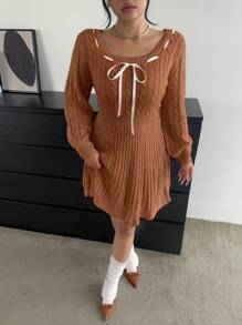 POPSWAY Vestido informal de suéter con cuello de barco y cordón, estilo línea A para otoño/invierno