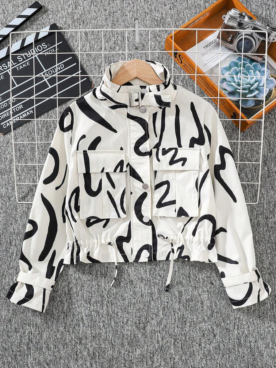 Tween Girls Graphic Print Metallic Buckle Drawstring Hem Jacket, Pockets Cargo Bomber Coat For Dailywear - Beige - View 1