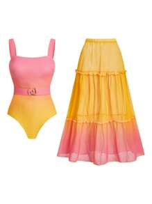 Swim Oasis 1 Set Women Beach Summer Vacation Strap Color Block One Piece Swimsuit With Cover Up Skirt - Multicolor - View 1