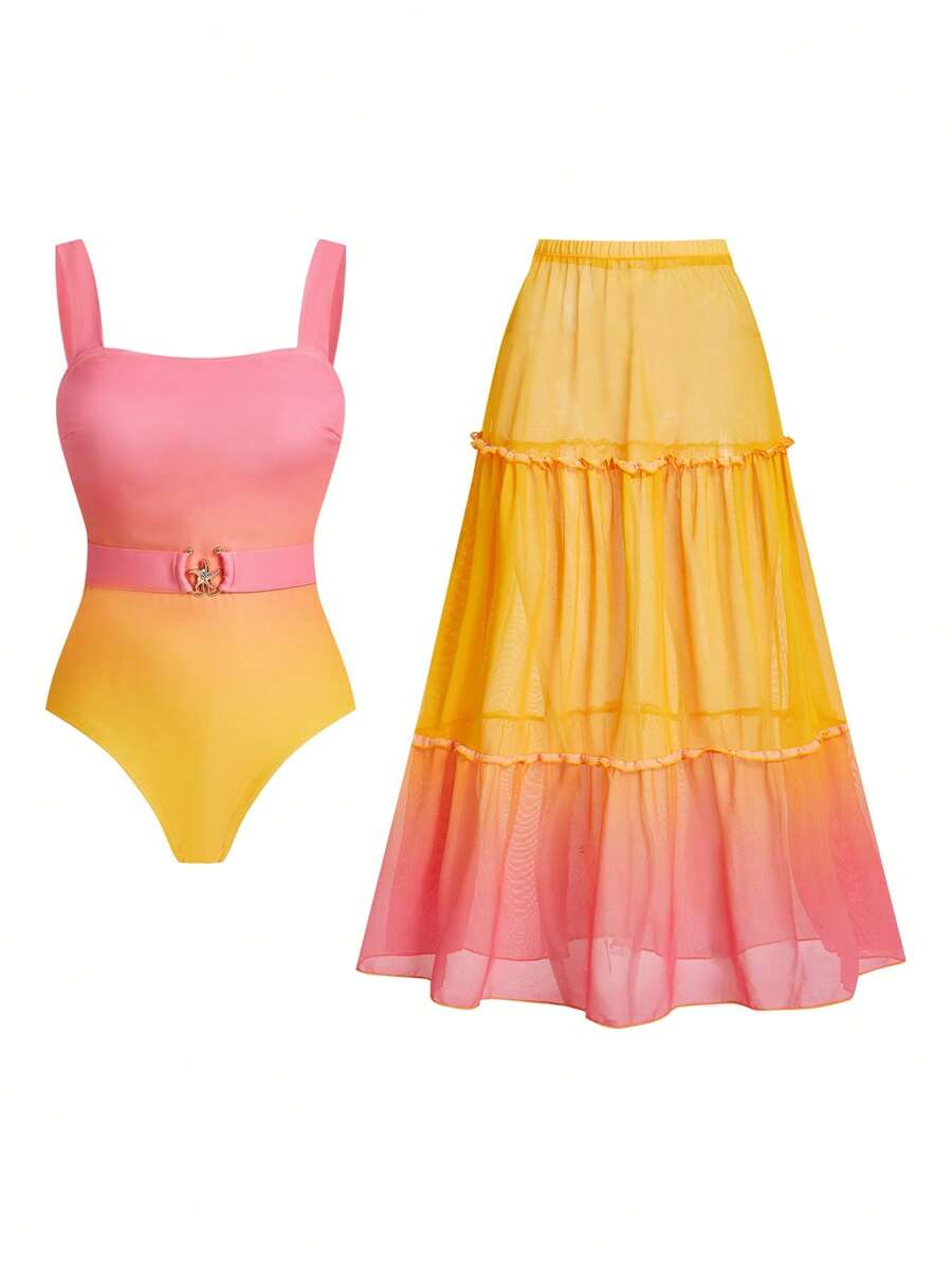 Swim Oasis 1 Set Women Beach Summer Vacation Strap Color Block One Piece Swimsuit With Cover Up Skirt - Multicolor - View 1