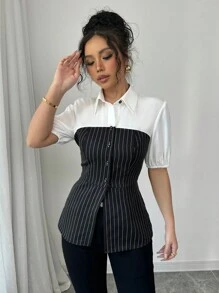 Elenzga Shirt Collar Single-Breasted 2 In 1 Striped Shirt