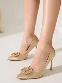CUCCOO CHICEST Fashion Elegant Golden Color Satin Glitter Rhinestone Metal Decor Pointed Toe Stiletto High Heel Shoes For Wedding Bride Bridesmaid, Party, Date, Holiday, Christmas, Valentine, Comfortable Valentines