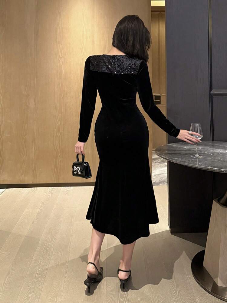 Hollow Out Sequin Mermaid Hem Mid-Calf Dress, Suitable For Holidays, Dates, Nights Out Prom Dress, Fall Dress Long Sleeve Dress Elegant Women Dress