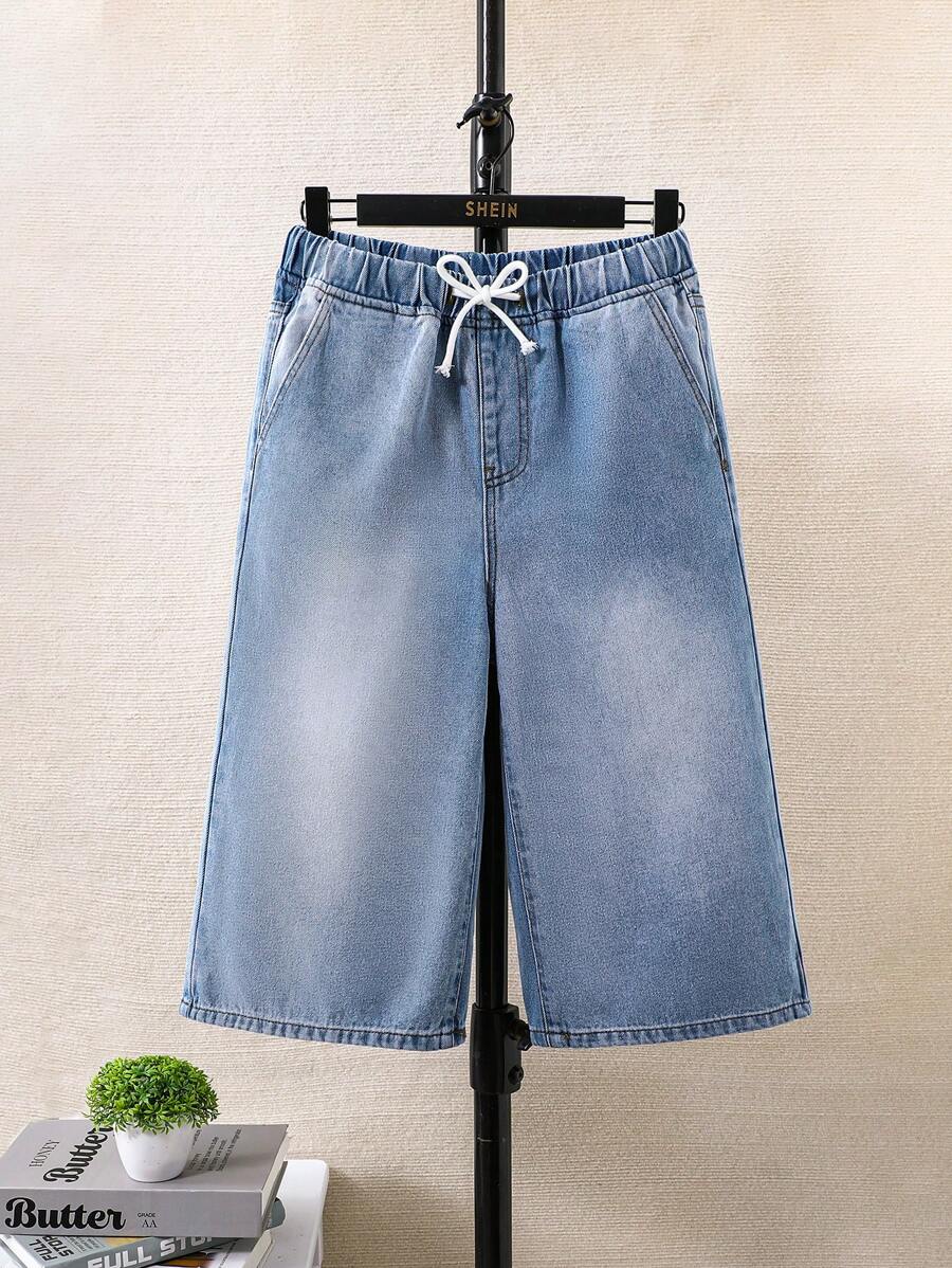 SHEIN Teen Boy Fashion Casual Vintage Drawstring Elastic-Waistband Blue Denim Baggy Cropped Denim Shorts For Boy Soft Dailywear And The Four Seasonsr Teen Boy Clothes