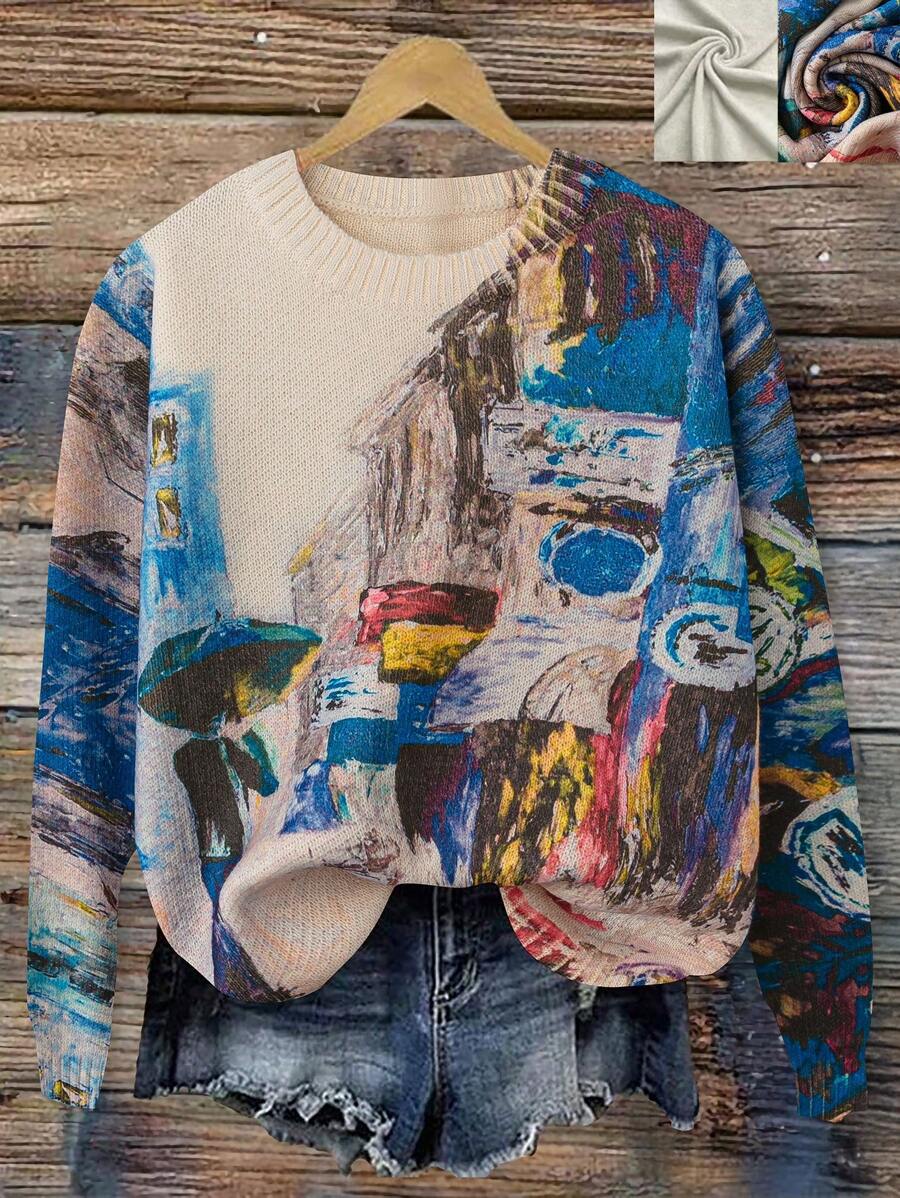大码女式数码印花休闲圆领套头毛衣,秋冬针织套头衫 - 彩色 - 查看 1