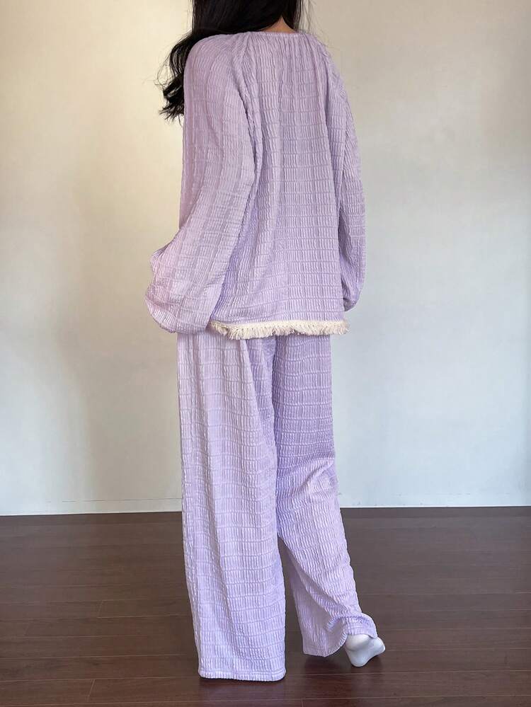 Romantic Textured Fabric Beaded Hollow Neckline Tassel Hem Loose Pajamas Set