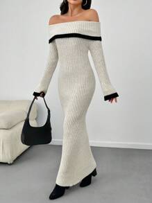 SHEIN Tall Elegancka, słodka, kontrastowa koronka, szczegółowa melanżowa przędza, opadające ramiona, dekolt Madonny, prążkowana dzianina, spódnica w kształcie litery A, długa sukienka swetrowa - Beżowy - Zobacz 5