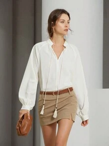 SHEIN Privé 游牧度假风格仿亚麻流苏领带长袖女式衬衫，春季情人节 - 米色 - 查看 6