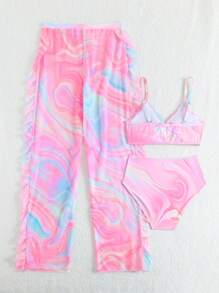 SHEIN 3pcs/Set Cute Tween Girl Colorful Front Ruched Mesh Swimwear (Printed Random)