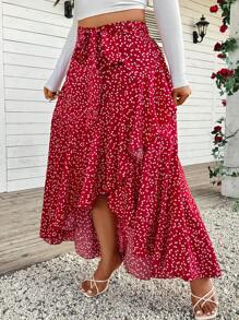 SHEIN Clasi Valentine's Day Spring Heart Tie Waist Ruffle Hem A-Line Skirt - Red and White - View 3