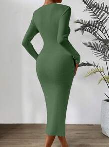 SHEIN Clasi Vestido de suéter de Body con manga larga, cuello de corazón y unicolor para mujer