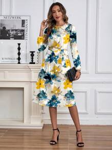 SHEIN Clasi 休闲简约水彩印花女装连衣裙，适合春夏季 - 彩色 - 查看 3