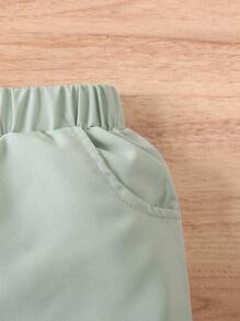 Young Girl New Spring/Autumn 2pcs/Set Outfit For 4-7 Years Old Girls, Casual Ribbed Collar Round Neck T-Shirt And Green Shorts, Suitable For Daily Wear & Outdoor Sports - White - View 4