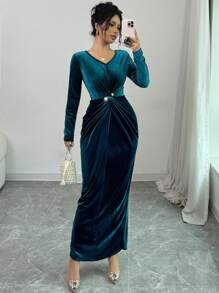 Modelyn Damska elegancka zielona aksamitna plisowana perłowa zdobiona sukienka typu bodycon, jesienno-zimowa długa damska sukienka wieczorowa