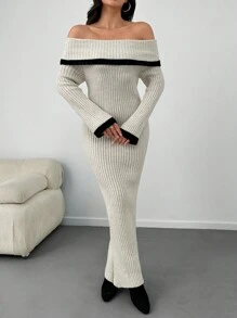 SHEIN Tall Elegancka, słodka, kontrastowa koronka, szczegółowa melanżowa przędza, opadające ramiona, dekolt Madonny, prążkowana dzianina, spódnica w kształcie litery A, długa sukienka swetrowa - Beżowy - Zobacz 1