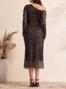 SHEIN Maternity Elegant Mesh Leopard Print Asymmetric Neck High Slit Dress