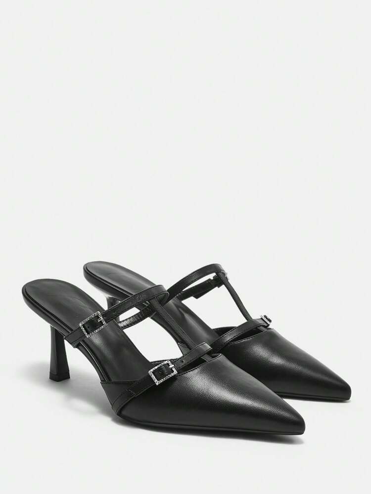 CUCCOO CURVES Elegant Fashion Black Patent Leather Pointed Toe Thin High Heel Rhinestone Buckle Mule Sandals, Suitable For Daily Wear And Festivals Spring Shoes Spring Break Easter