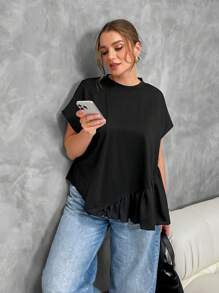 SHEIN Essnce 大码女装新款夏季7月4日机场可爱上衣时尚休闲通勤工作雪纺宽松T恤 - 黑色 - 查看 3