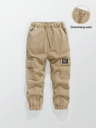 Pantalon cargo décontracté, ample et confortable avec cordon de serrage à la taille, style rétro cool de rue pour jeune garçon, kaki