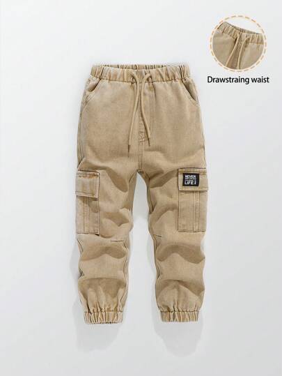 Young Boy Retro Casual Street Cool Multi-Pocket Loose Comfortable Drawstring Waist Cargo Pants, Khaki, School, Campus, College