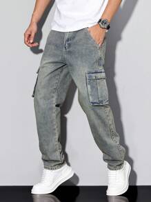 Manfinity Homme Pantalones cargo de mezclilla casual lavados para hombre - Azul - Ver 6