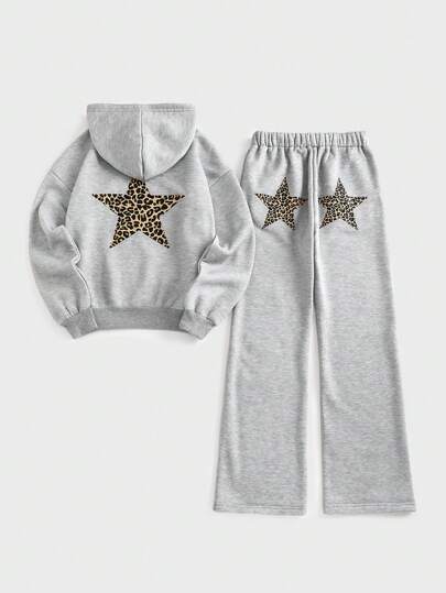 SHEIN Unity Set de 2 piezas de sudadera con capucha y pantalones de chándal con estampado de estrella y leopardo del estilo Y2K, ropa de calle de moda