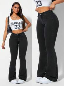 SHEIN Tall Women's Solid Color Washed Front Button Pocket Casual Flare Leg Jeans - Black - View 1