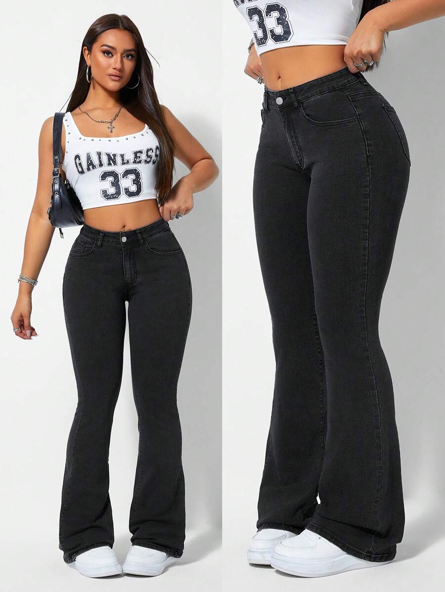 SHEIN Tall Women's Solid Color Washed Front Button Pocket Casual Flare Leg Jeans - Black - View 1