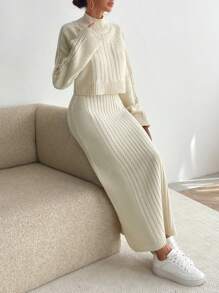 EURMUSE Knitwear Sweater Co-Ords With Maxi Skirt & Cable Pattern Pullover - Beige - View 1