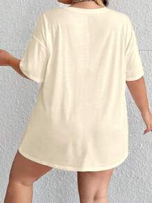 INAWLY 大码字母印花落肩 T 恤图案 T 恤女式上衣 - 杏色 - 查看 2