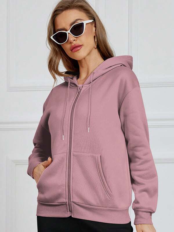 SHEIN Essnce Felpa con cappuccio a maniche lunghe con zip frontale e tasche, stile minimalista, adatta per laurea, ritorno a scuola, insegnanti, pullover autunnale