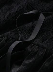 DAZY Velvet & Lace Patchwork Nightgown For Winter Pajama - Black - View 9