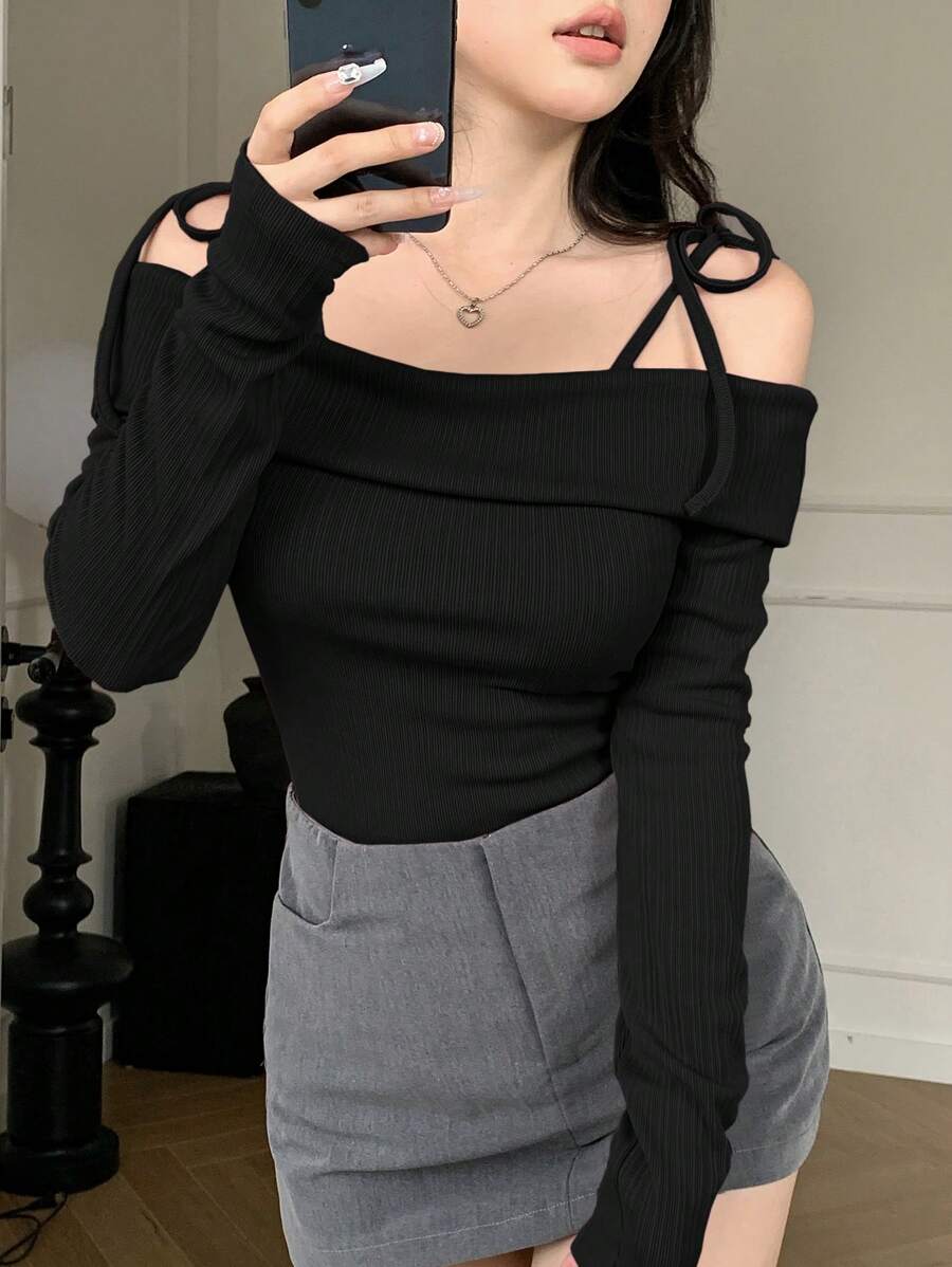 DAZY Women's Off Shoulder Tie Front T-Shirt, Black, Spring/Summer,Fall Clothes Going Out Tops - Black - View 1