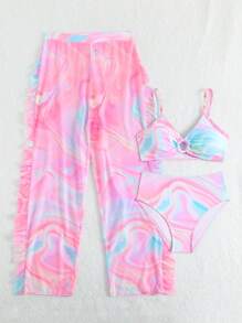 SHEIN 3pcs/Set Cute Tween Girl Colorful Front Ruched Mesh Swimwear (Printed Random)
