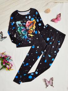 Tween Girl 睡衣贴身套装 - 蝴蝶印花和夜光印花长袖衬衫和长裤