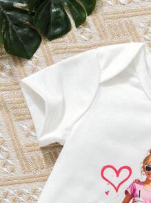 SHEIN Body neonata bianco, casual, minimalista, comodo, con stampa di cartoni animati a maniche corte - Bianco - Visualizzare 3
