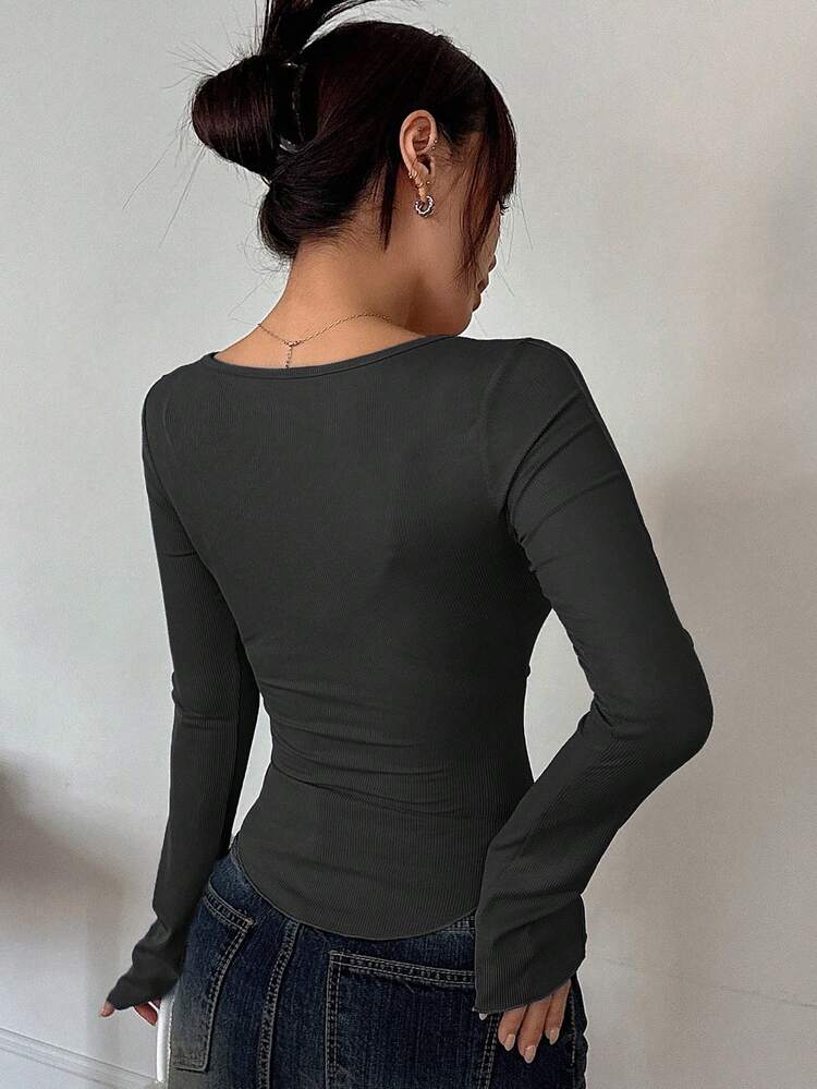 Long Sleeve Wrap-Style Split Crew Neck Women T-Shirt, Minimalist And Fashionable For Casual Everyday Wear,Fall Clothes