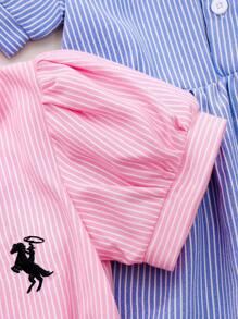 SHEIN 2 件套年轻女孩条纹短袖刺绣连衣裙，粉色和蓝色可爱时尚夏季服装 - 彩色 - 查看 4