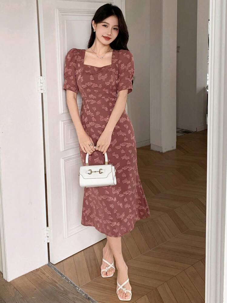 DAZY Women Square Neck Short Sleeve Textured Midi Dress,Ruffle - Red - View 1