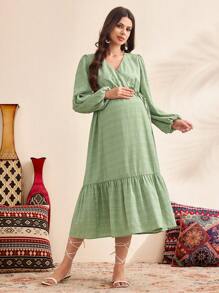 SHEIN Vestido de gasa de manga abullonada con cuello en V para maternidad, estilo primavera - Verde - Ver 4
