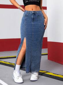 SHEIN ICON Women Long Casual Denim Skirt With Pockets & Side Slit Hem