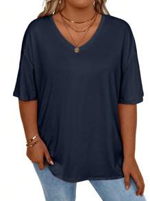 EMERY ROSE Plus Size Casual Solid Color Dropped Shoulder Loose T-Shirt