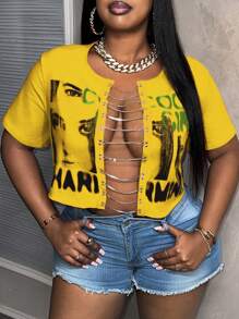 Slaydiva Plus Size Women's Casual Sexy Minimalist Fashion T-Shirt, Everyday Wear - Yellow - View 1