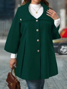 SHEIN LUNE Plus Size Solid Black Loose Fit Overcoat With Metal Buckle High Collar, Fashion - Dark Green - View 1