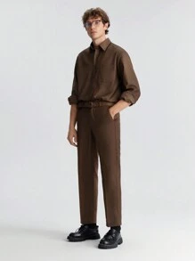 Ontre Men's Spring Brown Button-Down Long Sleeve Shirt, Fashionable Minimalist, Suitable For Valentine's Day Date, Holiday, New Year Party, Business Casual - Chocolate Brown - View 2