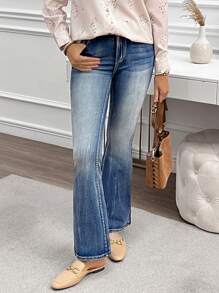 SHEIN LUNE 女士口袋喇叭休闲百搭牛仔裤 - 藍色 - 查看 1